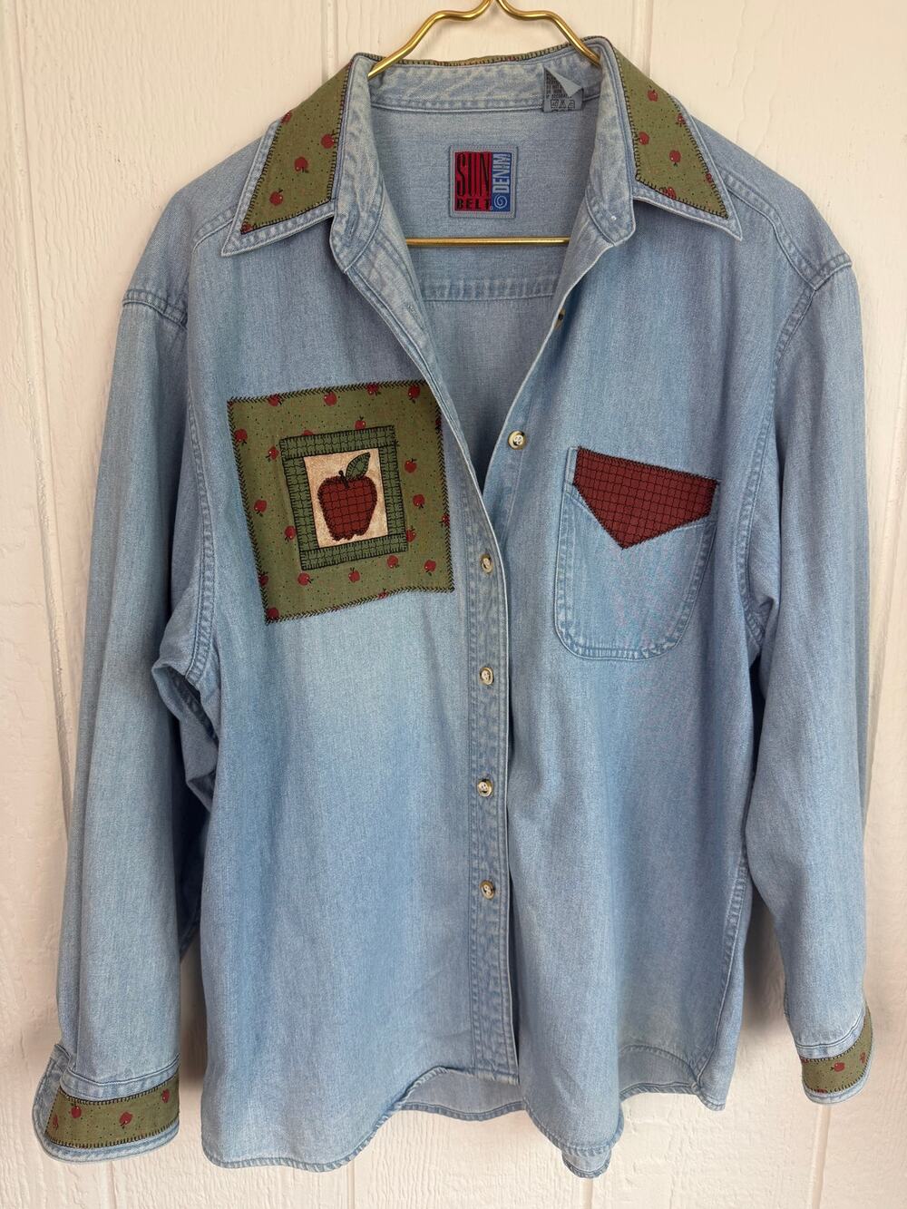 Vintage 90s Sunbelt Denim Apple Patchwork Shirt Women’s L Cottagecore Teacher